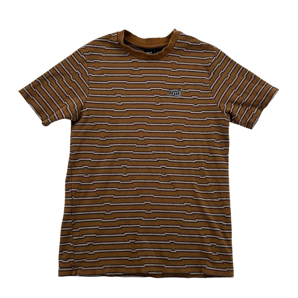 HUF Knit T-Shirt Mens Large Brown Excellent Jacquard Stripe Short Sleeve Tee